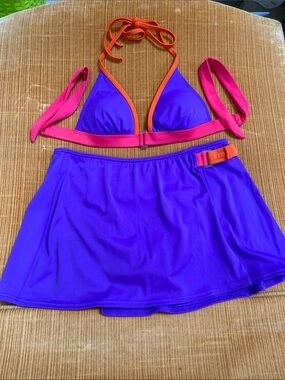 Victoria's Secret Vivid Purple Orange Pink Bikini Top S & Swim Skirt M Beach Set